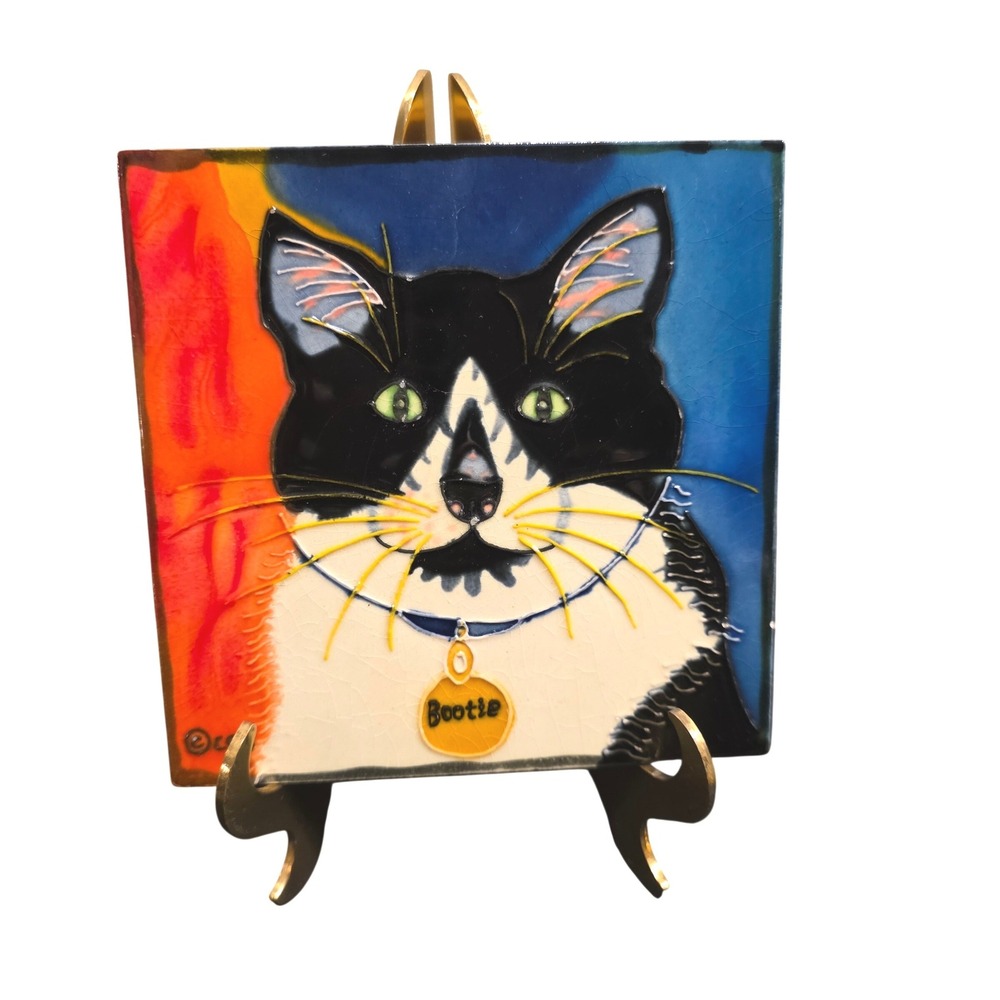 Claudia Sanchez Tuxedo Cat Bootie Decorative Art‎ Tile Colorful
